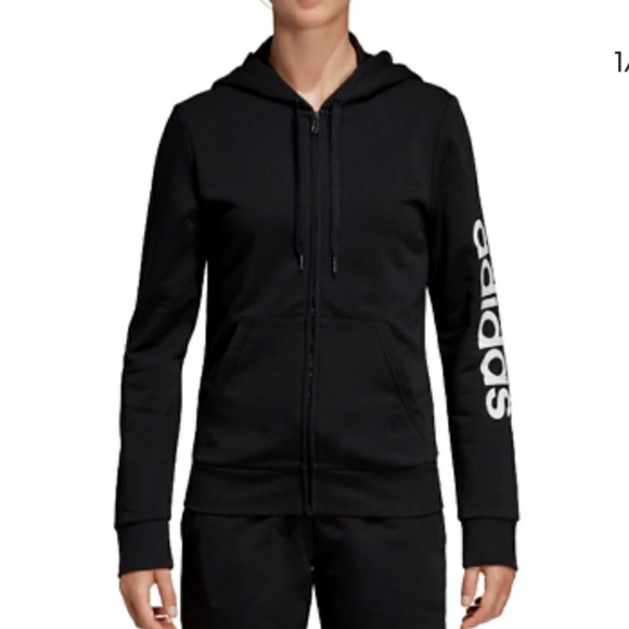 Adidas Women's Essential Linear Hoodie Track Jacket Black - Picture 1 of 5